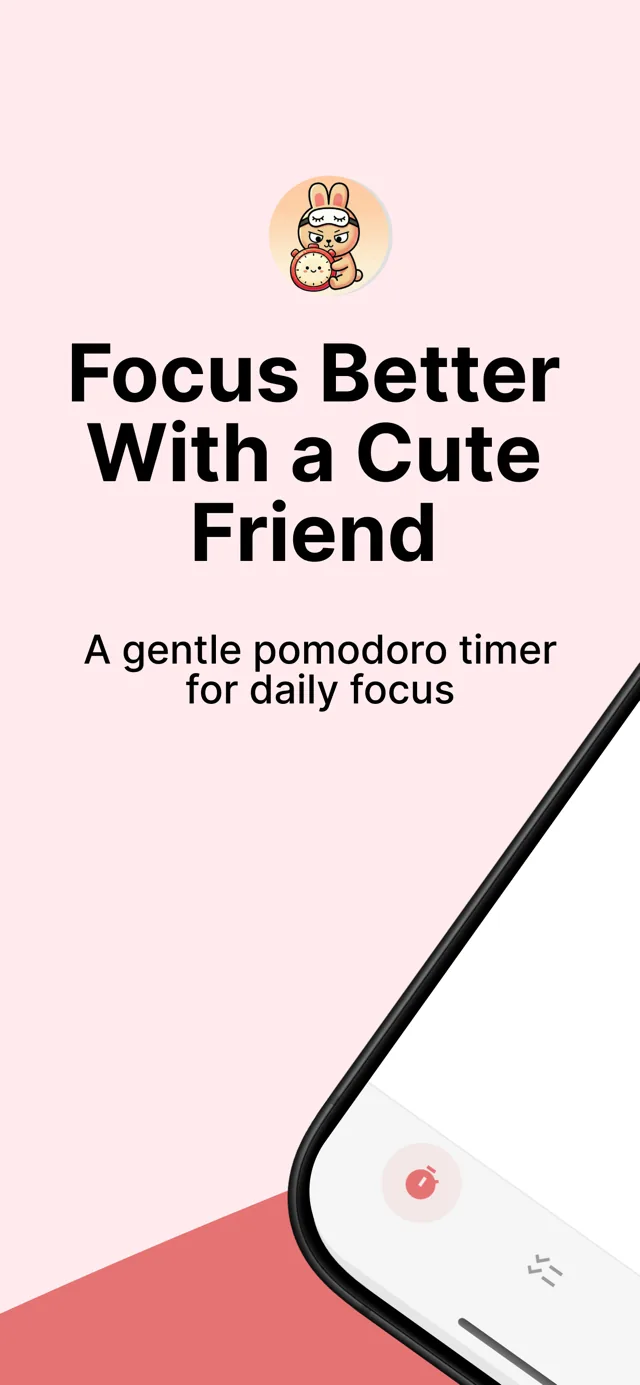 Pomolings timer screen — a 25:00 focus session with the rabbit character (Focus better with a cute friend)