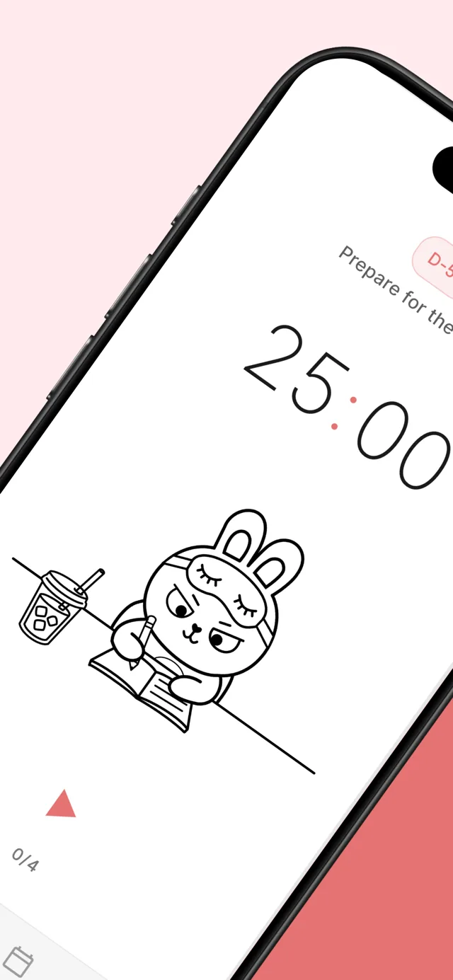 Pomolings timer screen — the rabbit studies alongside you during a focus session