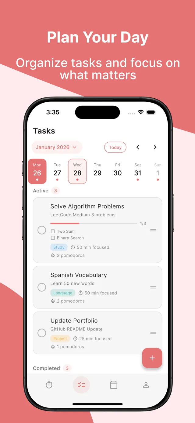 Tasks screen — plan your day with tags, subtasks, and pomodoro counts per task