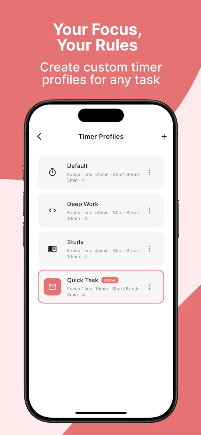 Timer profiles — Default, Deep Work, Study, and Quick Task presets
