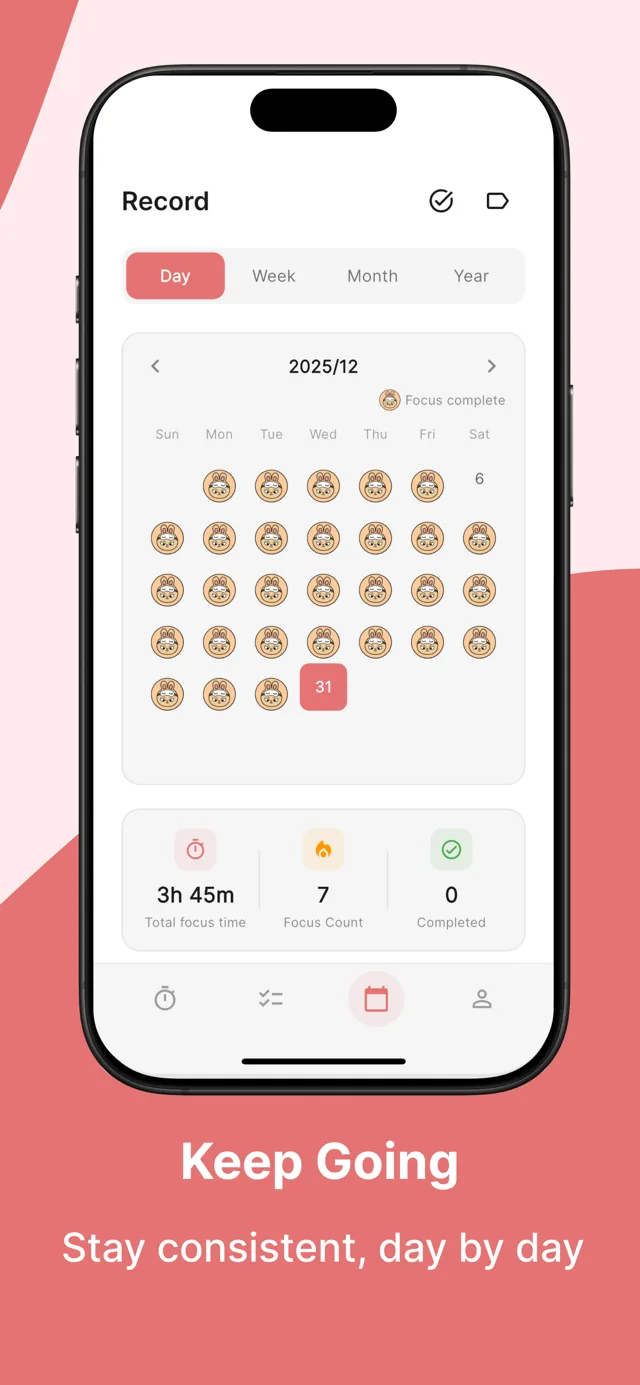 Record calendar — daily focus stickers, total focus time, and completed tasks